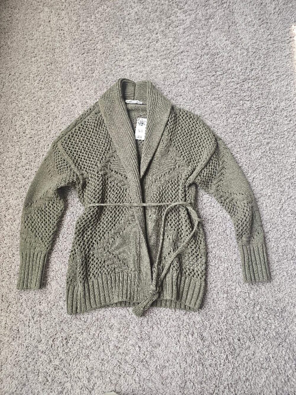 Abercrombie & Fitch Textural Stitch Belted Cardigan in Olive Green size XXS